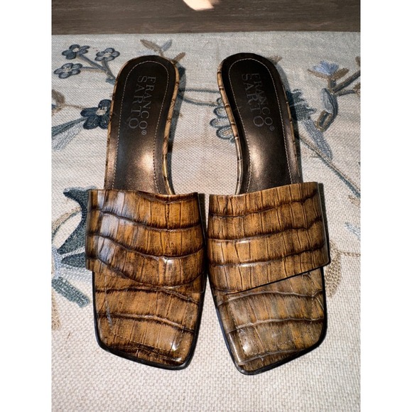 Franco Sarto Brown Croc Embossed Square Toe Kitten Heel Mules Slides 7M - Picture 2 of 4